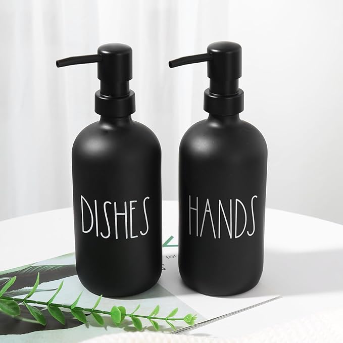 VIMERPA Hand and Dish Soap Dispenser Set, Matte Black Hands Dishes Soap Dispenser Set for Kitchen, 2 Pack Glass Soap Dispensers Set with Plastic Pump, 17 Fl Oz Refillable Liquid Soap Bottles
