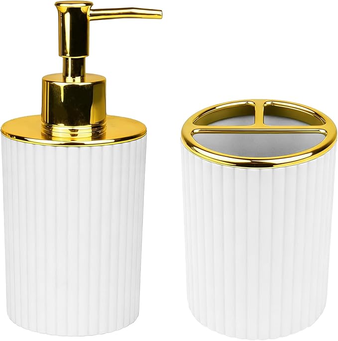 Bathroom Accessories Set, 2-Piece White & Gold Soap Dispenser & Toothbrush Holder, Modern ABS Vanity Organizer for Countertop, Minimalist Bathroom Decor