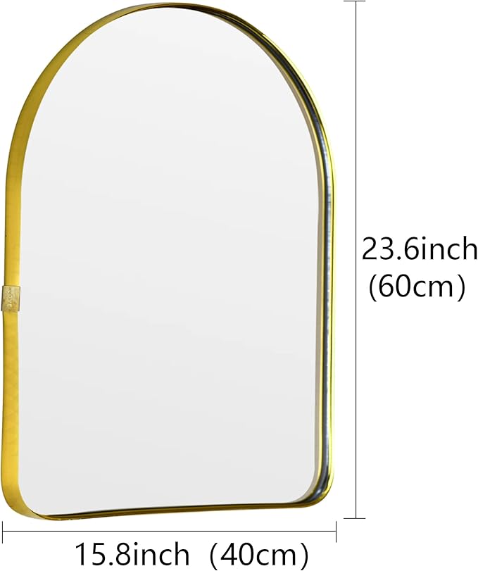 Funly mee Arched Wall Mirror, 15.8 x23.6 inches, Wall-Mounted Plastic Mirror, for Bathroom and Vanity (Gold)