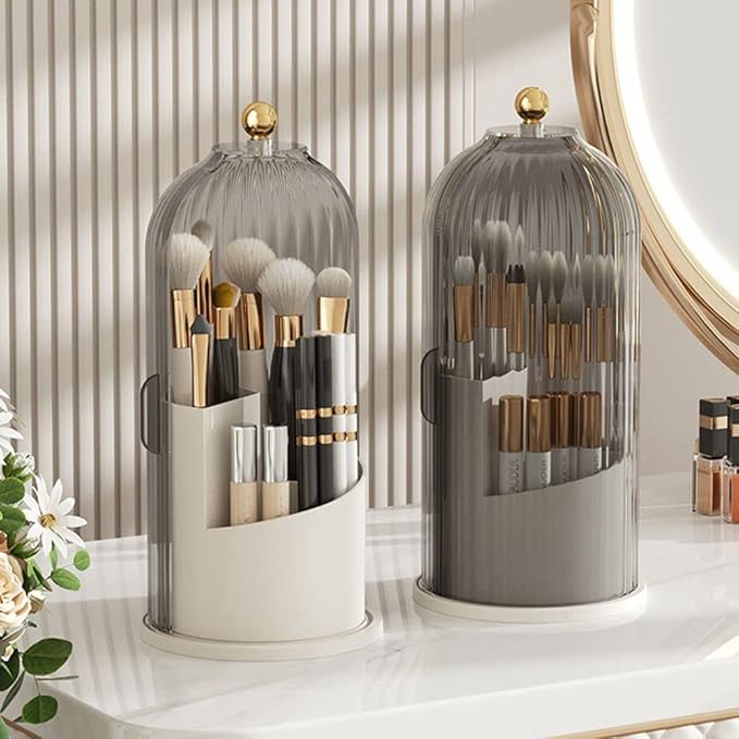 Makeup Brush Holder Organizer with Lid-360° Rotating Luxury Cosmetic Organizer Makeup Organizer Lipstick Eyebrow Pencil Holder for Vanity Desktop Bathroom Countertop