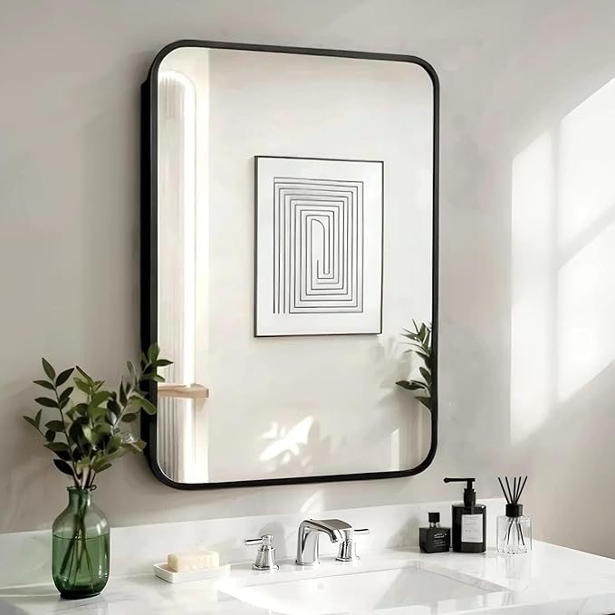 Bathroom Medicine Cabinet with Black Metal Framed Mirror, Recessed or Wall Mount Bathroom Vanity with Storage Shelves 17.5x26 inch