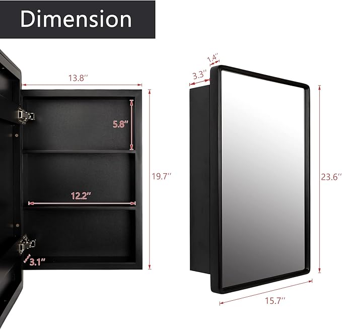 H & A Bathroom Medicine Cabinet with Mirror - Rustic Farmhouse Wall Mounted Storage Cabinet, Recessed or Surface Mount, Soft-Closing Door, Modern Farmhouse Bathroom Decor (Black, 16x24 Inch)