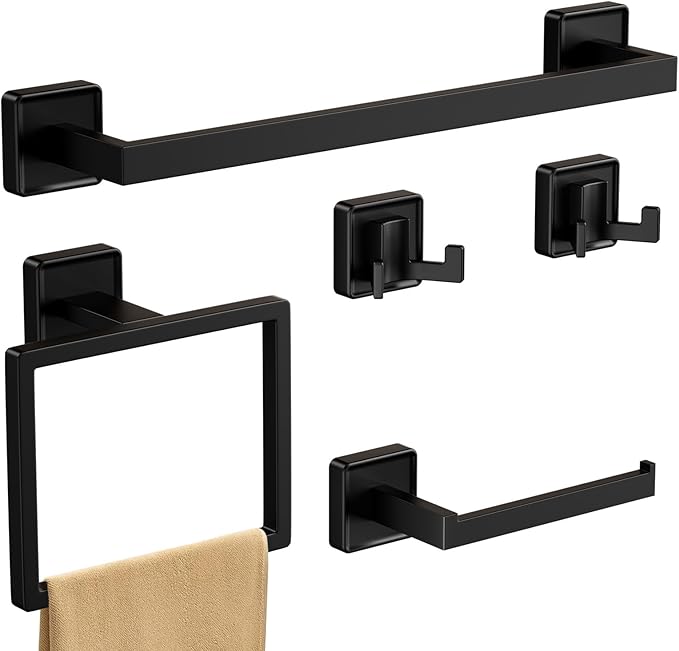 SHUNLI 5-Pieces Matte Black Bathroom Hardware Accessories Set, SUS304 Stainless Steel Towel Bar, Toilet Paper Holder, Bathroom Towel Holder with Wall Mounted