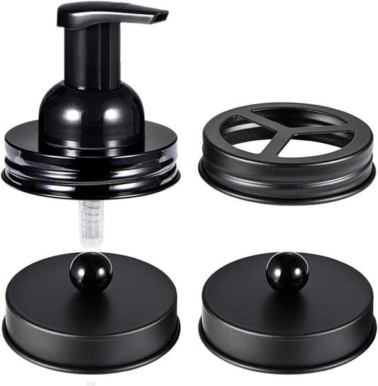 Mason Jar Bathroom Accessories Set(4pcs)- Jars Not Included - Foaming Soap Dispenser,Toothbrush Holder, and Apothecary Storage Jars Lids -Rustic Farmhouse Decor,Black