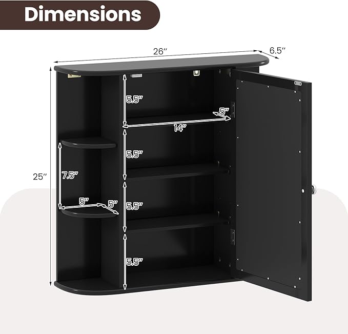 Giantex Bathroom Mirror Cabinet, Wall Mounted Medicine Cabinet with Mirrored Door & 4 Interior Shelves, 6 Open Shelves, Mounting Hardware, Space-Saving Storage Cabinet (Black)