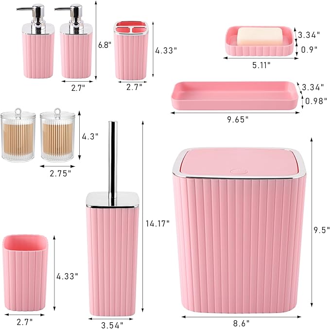 XLHOMO Pink Bathroom Accessories Set - Gorgeous Bathroom Set, 10PC Bathroom Accessory Set, Toilet Brush, Trash Can, Qtip Holder & Soap Dispenser