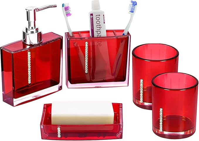 Red Bathroom Accessories Set Bathroom Designer 5-Piece Bath Accessory Set,Acrylic Gift Set Toothbrush Holder Toothbrush Cup Dispenser Dish Toilet Brush Holder Trash Can Tumbler