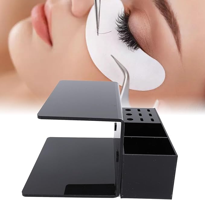 Asixxsix Eyelash Grafting Pillow Stand, Acrylic Eyelash Pillow Rack with Tape Dispenser Cutter, Warm Lash Extension Makeup Tool Display Cabinet Shelves, for Eyelash Salons (Black)