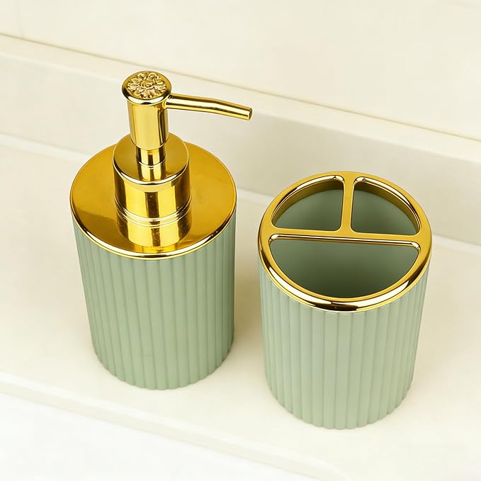 Bathroom Accessories Set, 2-Piece Green & Gold Soap Dispenser & Toothbrush Holder, Modern ABS Vanity Organizer for Countertop, Minimalist Bathroom Decor