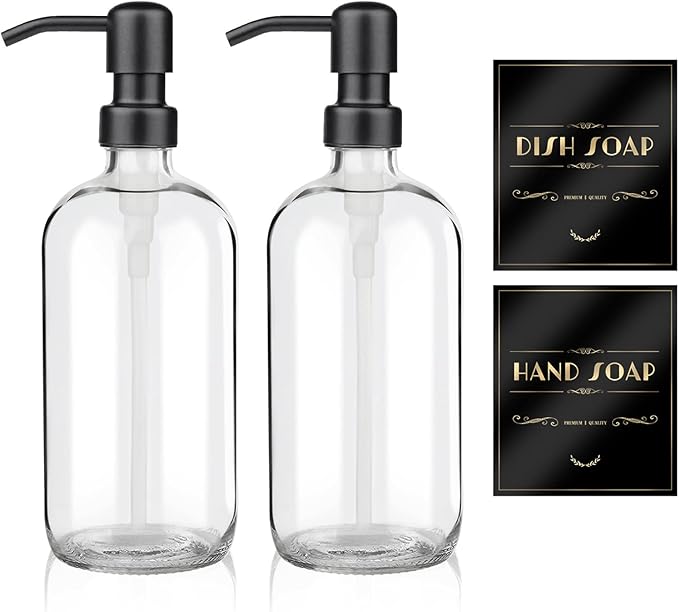ARKTEK 2 Pack Refillable Glass Soap Dispenser - Rust Proof Stainless Steel Pump, 17 Oz/ 500 ML, Black