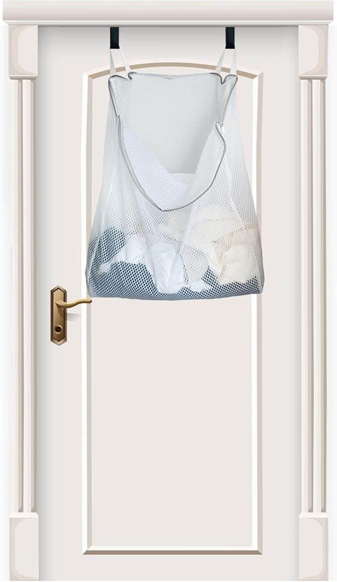 Hanging Washable Laundry Hamper, Over Door Mesh Laundry Bag with 2 Hooks, Tangle-Free Delicates Protector