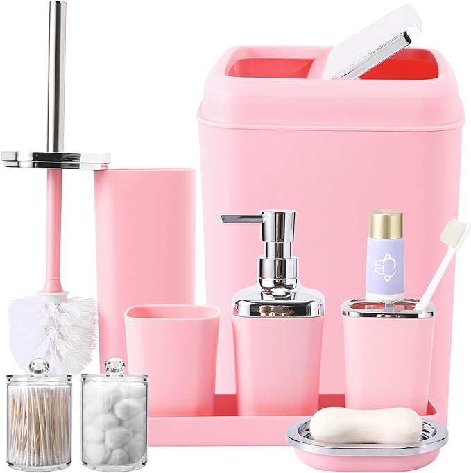 XLHOMO Pink Bathroom Accessory Set, Plastic Bathroom Set with Tray, Soap Dispenser, Toothbrush Holder, Toothbrush Cup, Soap Dish, Toilet Brush, Trash Can and Q-tip Holders for Bathroom/Housewarming