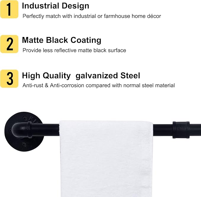 HouseAid 18 Inch Industrial Pipe Towel Bar, Farmhouse Iron Hand Towel Holder, Vintage Style Towel Rod for Bathroom, Wall Mounted, Matte Black (Hook Included)