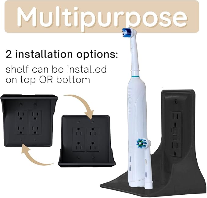 Power Perch Double Wall Outlet Shelf – Bathroom Shelf for Electric Toothbrush and Toiletries – Small Wall Shelves for Homepod Mini, Alexa Holder, Echo Dot – Easy Install, Black, 2-Pack