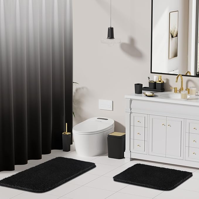 XLHOMO Bathroom Set - Black Bathroom Accessories Set, Bathroom Sets with Shower Curtain and Rugs, 24PC Shower Curtain Set with Hooks, Soap Dispenser, Soap Dish, Toilet Brush Holder and Trash Can