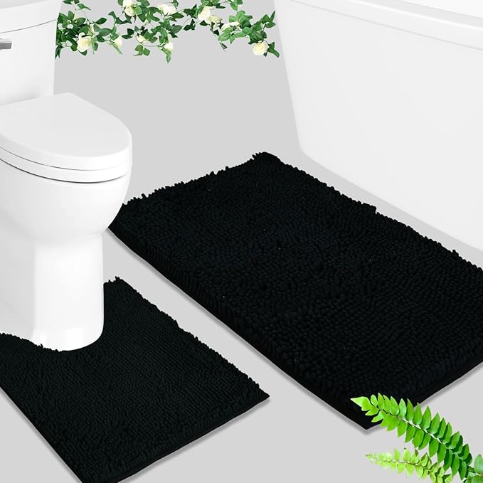 BOANKODU Bathroom Rug Sets, Absorbent Chenille Bath Rugs Non-Slip, 32x20 Inch + 20x20 Inch U Shape, Machine Washable (Black)