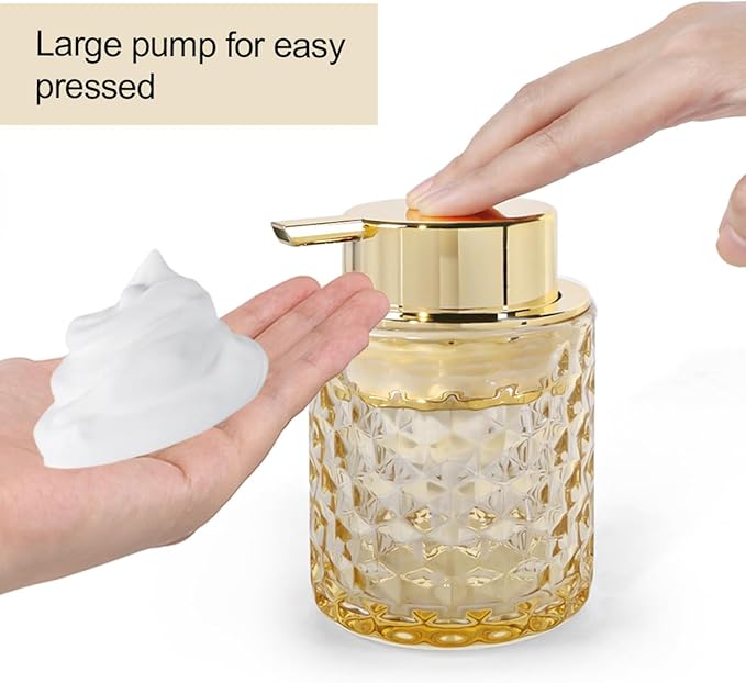 Bathroom Accessories 2 Piece Set Glass Soap Dispenser and Toothbrush Holder, 10oz Foaming Soap Dispenser, Amber Toothbrush and Toothpaste Holder Organizer Cup for Modern Bathroom Decor