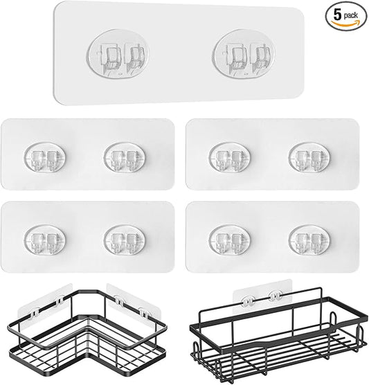 Upgraded Shower Caddy Adhesive Replacement,Strong Adhesive Hooks for Shower Caddy, Waterproof Shower Shelf Adhesive, Shower Adhesive Strips for Shower Organizer and Kitchen Racks (5 Pcs(Double Hooks))