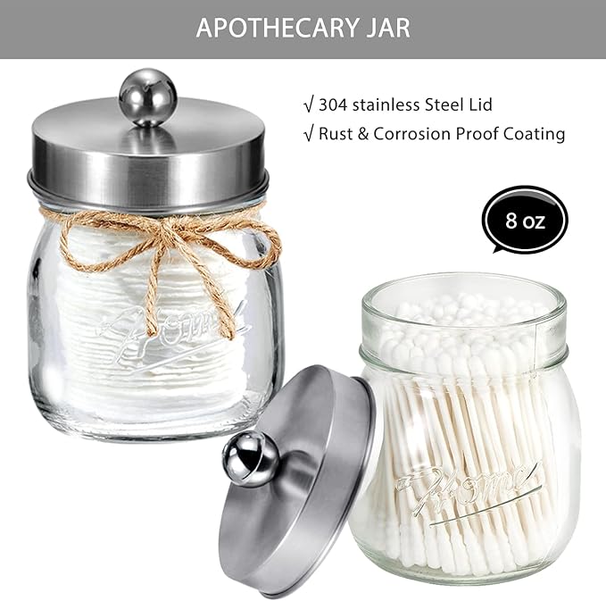 SheeChung 8PCS Bathroom Accessories Set Complete - Soap Dispenser, Mason Jar Toothbrush Holder, 2pcs Qtip Holders, Flower Vase, Soap Holder, Vanity Tray, Toilet Paper Storage-Brushed Nickel