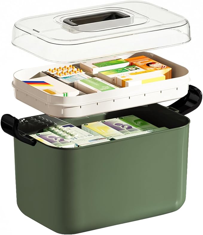 2 Tiers Medicine Organizer - Portable Medicine Storage Box with Handle, Large Capacity Plastic Medical Cabinet, Multipurpose Supply Organizer with Removable Tray, Empty First Aid Kit for Home