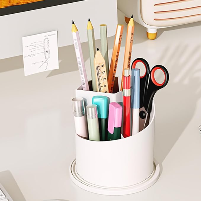 Makeup Brush Holder Organizer with Cover - 360?? Rotating Clear Dustproof Cosmetic & Skincare Storage for Vanity, Desktop, Bathroom Countertop (White)