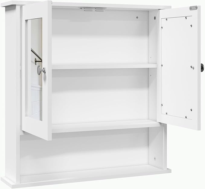 Panana Wall Mounted Bathroom Cabinet Wall Cabinet with 2 Mirrored Doors and Open Compartment, Inner Adjustable Shelf, 22" x 5.1" x 22.8" (White)