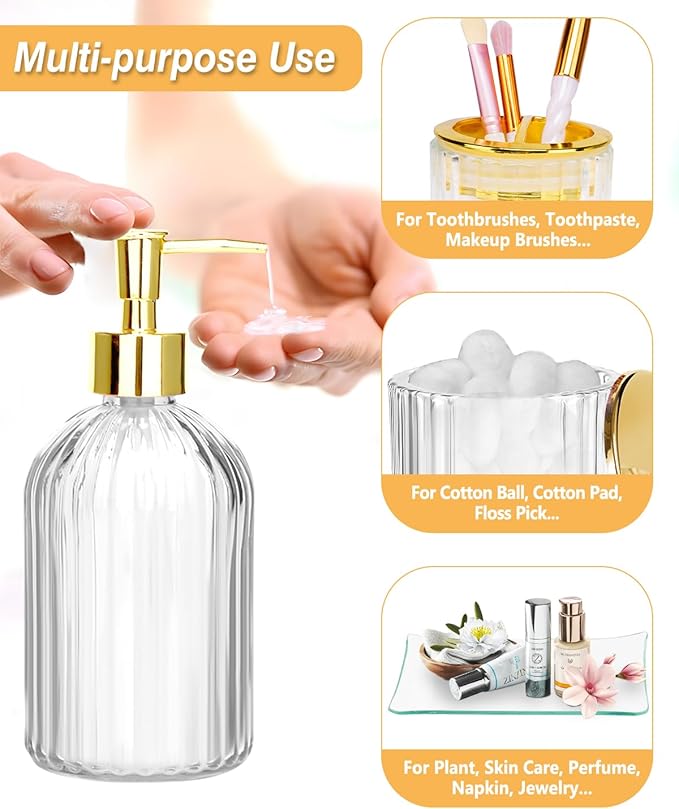 Gold Bathroom Accessories Set, 4Pcs Clear Glass Bathroom Accessory Sets Complete of Soap Dispenser, Toothbrush Holder, Apothecary Jar(Qtip Holder), Vanity Tray, Modern Home Decor Housewarming Gifts