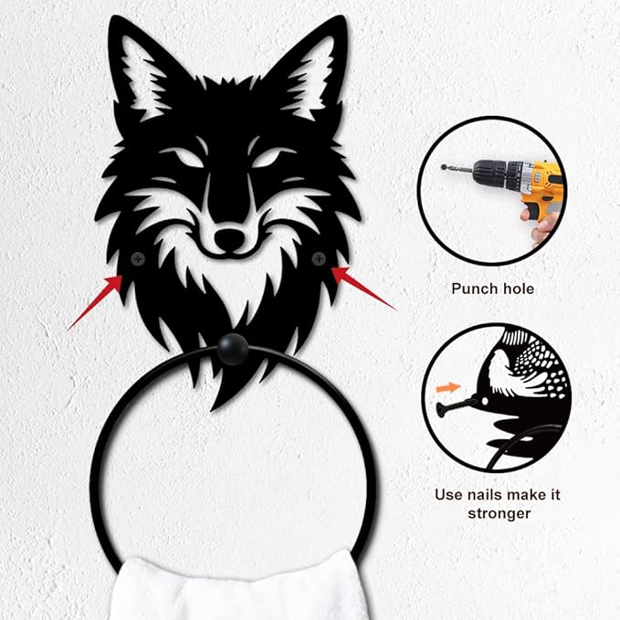 MAYJOYDIY Fox Head Metal Towel Ring Round Animal Hand Towel Holder Ring Hanger Wall Mount Black Vintage Towels Wall Organizer for Kitchen Bath Home Laundry Room Decors Gifts