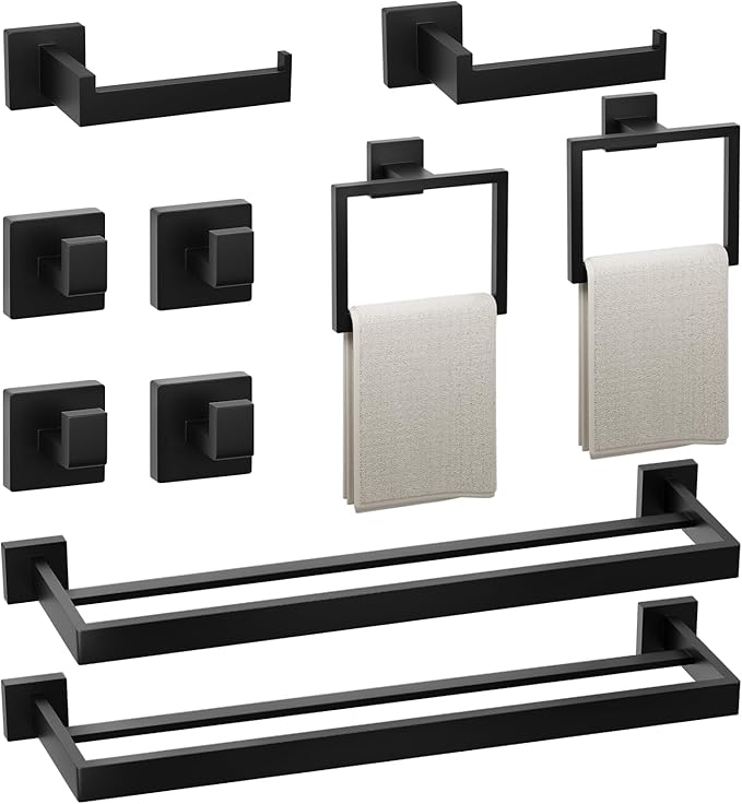 10-Pieces Bathroom Hardware Set,23.6inch Wall Mounted Double Towel Bar Set，Towel Rack&Toilet Paper Holder&Towel Ring and Towel Hook;Bathroom Accessories Set(Matte Black)