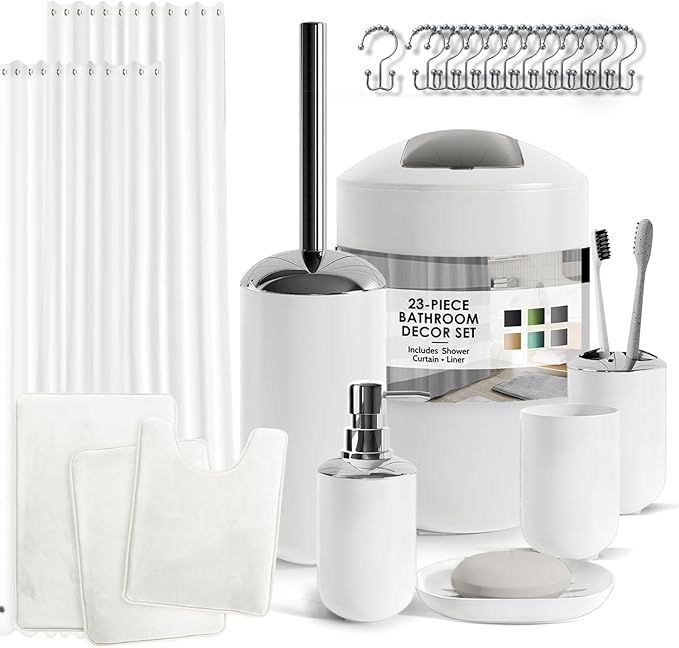 Clara Clark Bathroom Set - White Bathroom Accessories Set, Bathroom Sets with Shower Curtain and Rugs, 23PC Shower Curtain Set with Liner, Soap Dispenser, Soap Dish, Toilet Brush Holder, and Trash Can