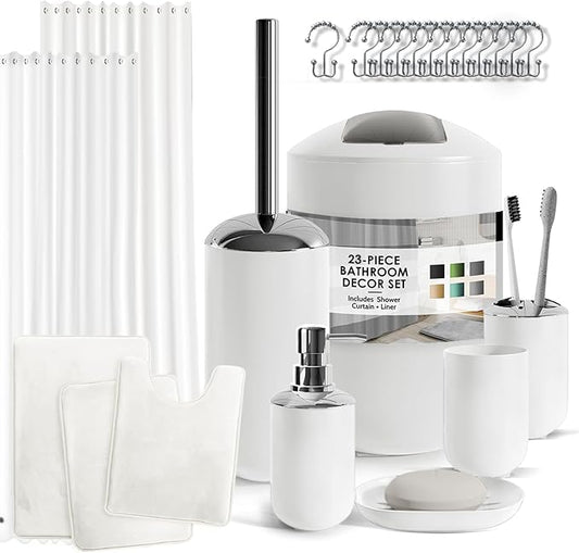 Clara Clark Bathroom Set - White Bathroom Accessories Set, Bathroom Sets with Shower Curtain and Rugs, 23PC Shower Curtain Set with Liner, Soap Dispenser, Soap Dish, Toilet Brush Holder, and Trash Can