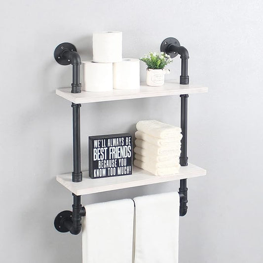 Bathroom Shelves,19.6in Rustic Wood Shelf with Towel Bar,2 Tier Farmhouse Towel Rack Over Toilet,Pipe Shelving Floating Shelves Towel Holder,Black & White