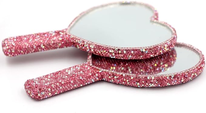 Bling Rhinestone Heart Handheld Mirror - Portable & Dazzling Makeup Mirror for On-The-Go Touch-ups (Plastic Pink)