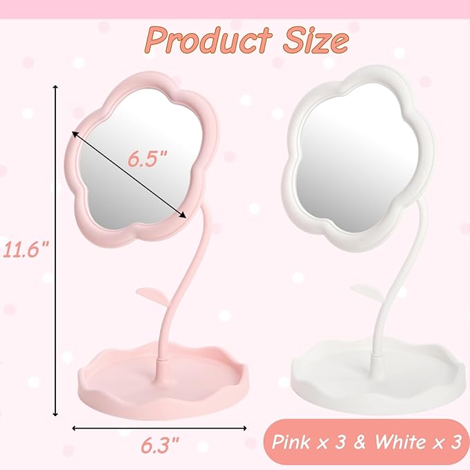 6 Pieces Flower Shaped Mirror, Multi-Angle Adjustable Spa Party Makeup Mirror, Compact Table Vanity Mirror with Jewelry Tray for Home Decor Sleepover Party Aesthetic Gift
