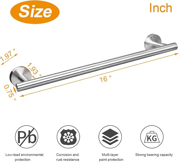 TocTen Bath Towel Bar - 2 Pack Thicken SUS304 Stainless Steel Towel Rack for Bathroom, Bathroom Hardware Accessories Towel Rod Heavy Duty Wall Mounted Towel Holder (16 Inch, Brushed Nickel)