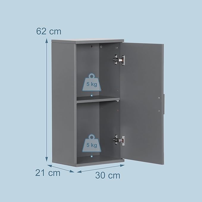 Relaxdays bathroom wall cabinet, 2 shelves, HWD: 62 x 30 x 21 cm, adjustable shelf, narrow design, MDF, grey-blue, 100% Fibreboard