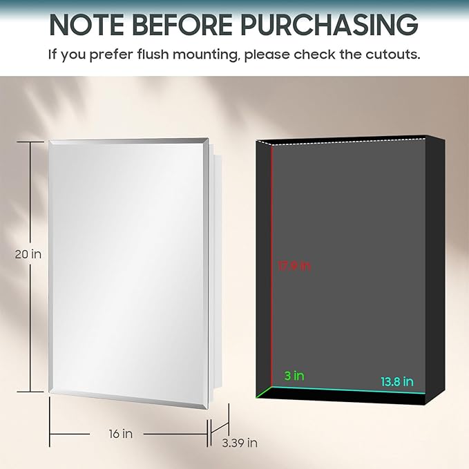 Plastic Bathroom Medicine Cabinet Mirror 16x20 inch, Recessed Medicine Cabinet or Surface Wall Mount Bathroom Cabinets with Adjustable Shelves, Beveled Edge Mirror Cabinet