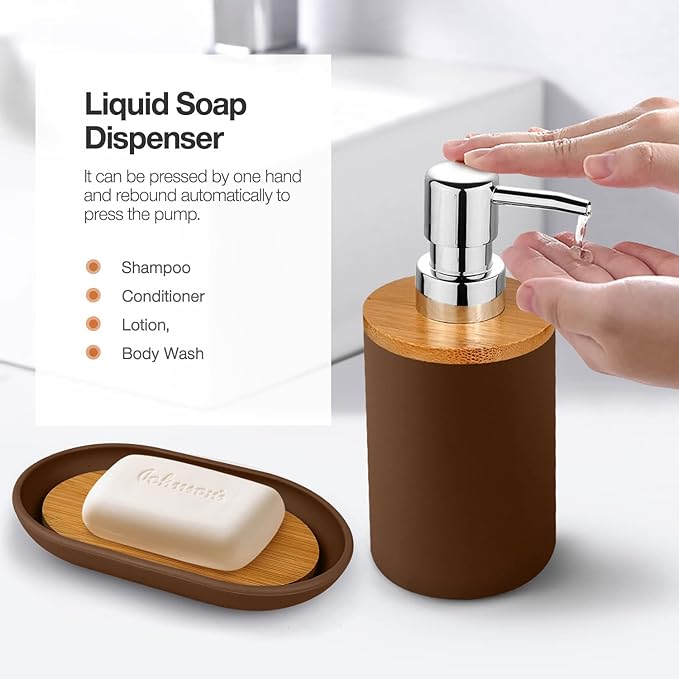 6 Pcs Bamboo and Plastic Bathroom Accessories Sets, Includes Toothbrush Cup, Toothbrush Holder, Soap Dispenser, Soap Dish, Toilet Brush with Holder, Trash Can, with 3 Pcs Toothbrushes (Brown)
