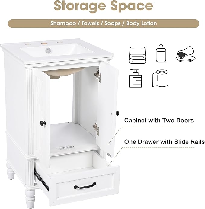Virubi 20" Small Bathroom Vanity with Sink,Doors and Drawer,Wood Mid-Century Modern Bathroom Sink Cabinets with Adiustable Foot Pads,for Small Space,Freestanding (White)