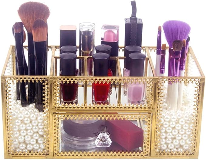 Yamfurvo Makeup Organizer Handmade Vintage Brass Frame Makeup Brush Holder Glass Makeup Brushes Storage Cosmetic Organizer Makeup Vanity Decoration Jewelry Box