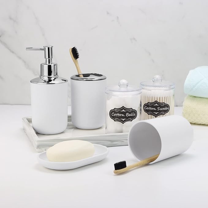 IMAVO Bathroom Accessories Set,White Bathroom Set,9 Pieces Bathroom Accessory Set,Tray,Qtip Holders,Toilet Brush,Trash Can for Bathroom Décor and Home Gifts