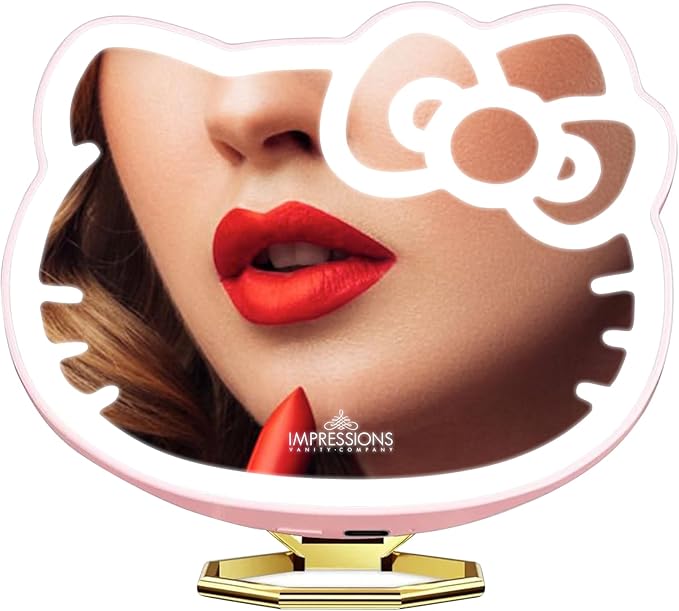 Impressions Vanity Hello Kitty 3X Magnifying Pocket Mirror with Stand, Adjustable Brightness Daylight LED Lighted Compact Makeup Mirror for Desk, Travel, Purse (Pink)
