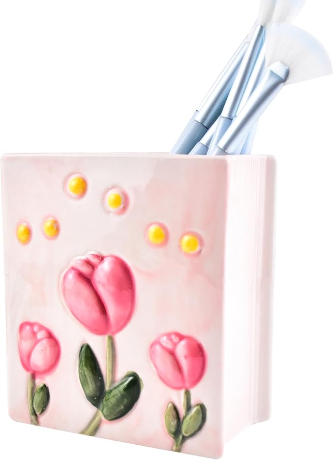 Ceramic Book Shaped Tulip Pattern Cosmetic Storage Box, Desktop Organizers Make Up Brush Storage Stand Desktop Storage Box for Brush,Pencil,Art Supplies, Painting Brush (Pink)