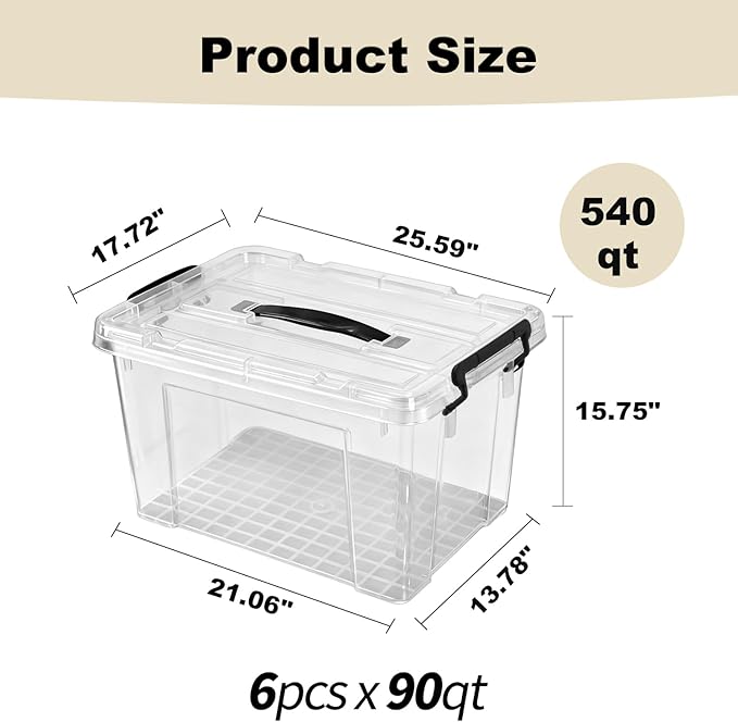 6 Pack 90 Qt Clear Large Storage Bins with Lids, Stackable Plastic Organizer for Home, Office, Garage, BPA-Free, Heavy-Duty, See-Through Containers with Secure Latches & Handles