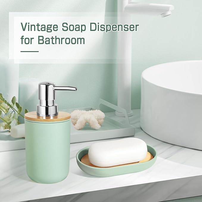 Green Bathroom Accessories Set 5 Pcs, Plastic Sage Green Bathroom Decor, Lotion Soap Dispenser and Toothbrush Holder Set, Qtip & Cotton Ball Holder, Green Bathroom Set, Boho Bathroom Decor