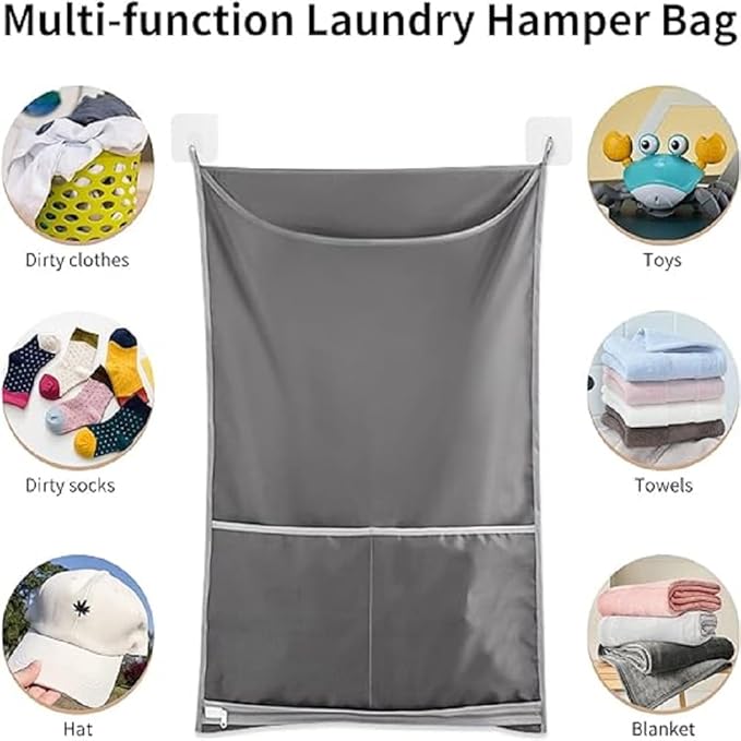 Hanging Laundry Hamper, Over The Door Laundry Hamper, Hanging Laundry Bag with Pockets Zipper Foldable Lightweight, For Rv Camper Apartment College Dorm Room Storage Small Space Organizer, 2 Grey Pack