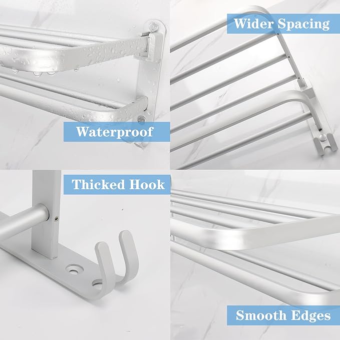 Towel Rack for Bathroom, Bath Towel Holder with Double Towel Bar and Fold-able Towel Shelf, Rustproof Towel Organizer Wall Mounted Towel Storage Hanger for Bath/Balcony/Lavatory(24In Sliver)