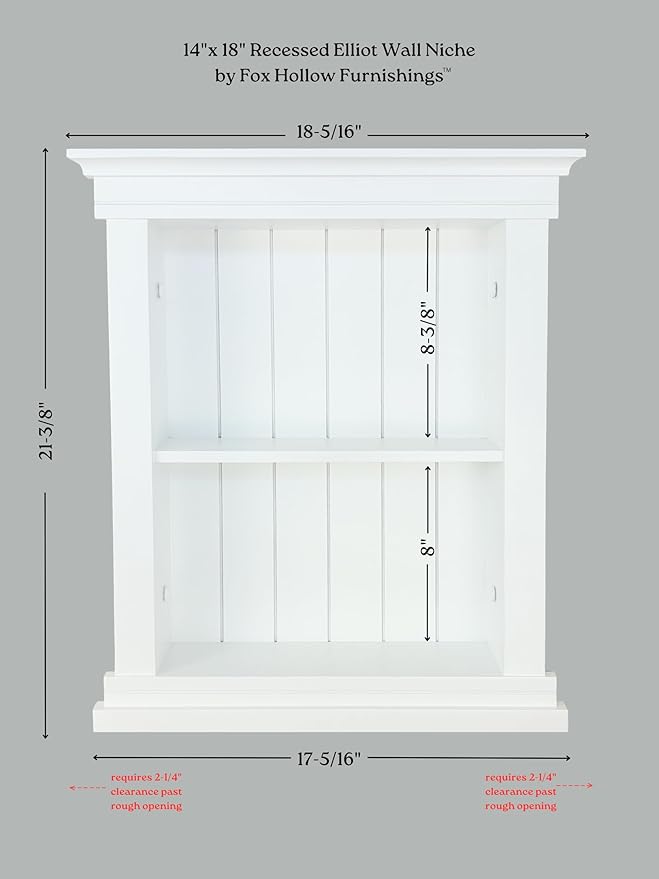 Fox Hollow Furnishings 14x18 Elliot Craftsman Recessed Wood Wall Niche, Open Medicine Cabinet Replacement, in The Wall Bathroom Cabinet Insert Shelves, Made in North America, NO MDF, Plain, White