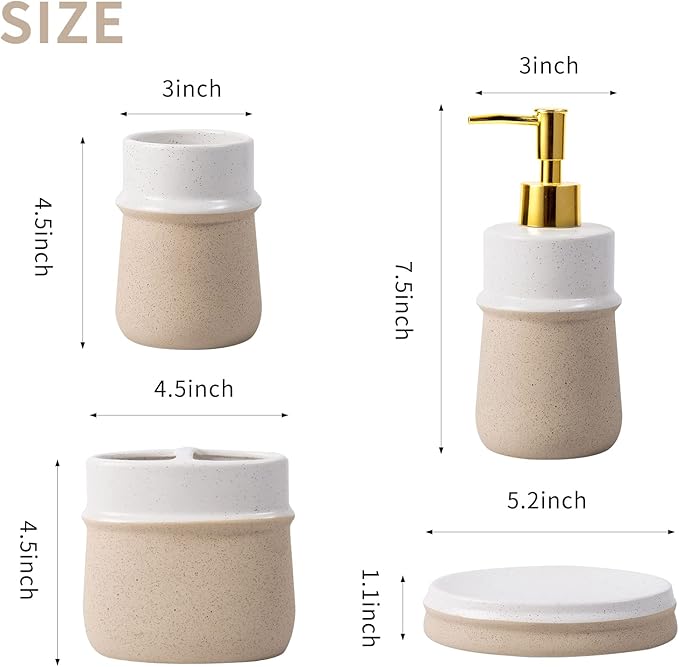 Bathroom Accessories Set,Farmhouse Bathroom Decor,4 Pcs Ceramic Gift Set Apartment Necessities, Contain Toothbrush Cup,Soap Dispenser,Soap Dish,Tumbler,Beige