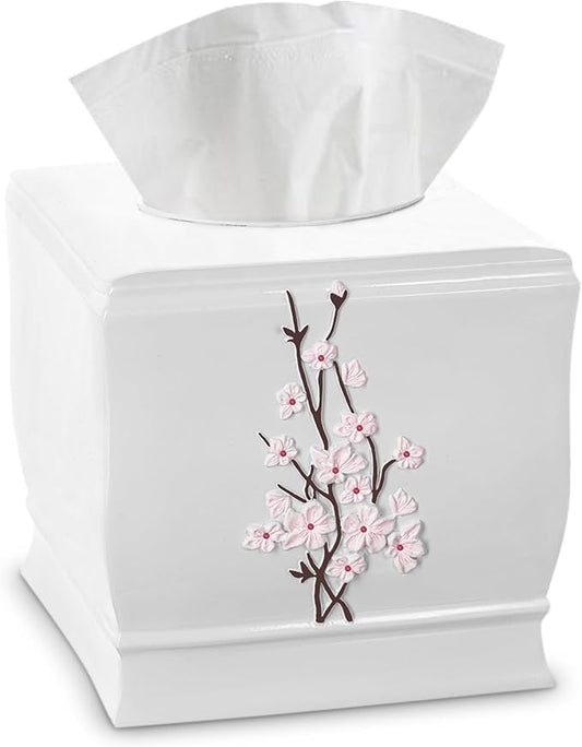 Creative Scents Vanda Square Tissue Box Cover – White & Pink Cherry Blossom Floral Decor – Decorative Resin Tissue Holder for Bathroom Vanities & Nightstands – Durable Bottom Slider